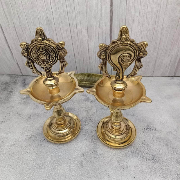 onesilver brass deepa Brass Shanku Chakra Deepam Pair Brass Shanku Chakra Deepam Pair