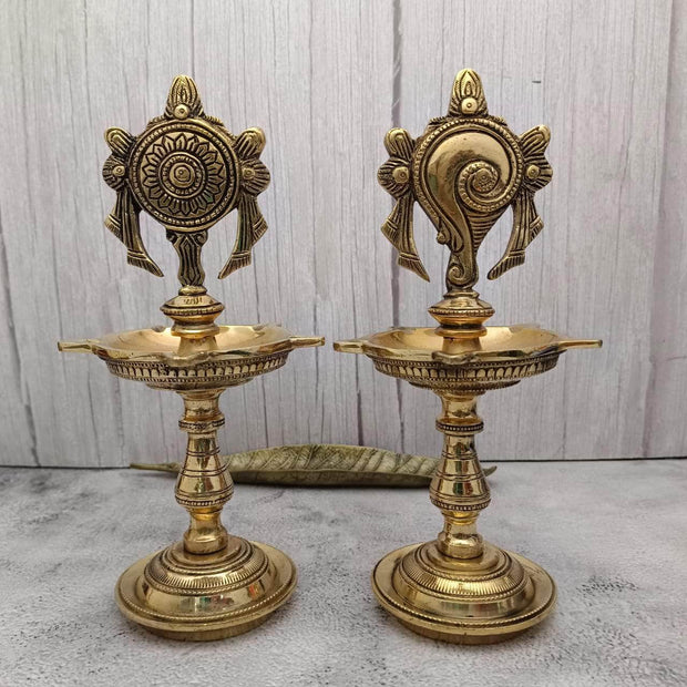 onesilver brass deepa Brass Shanku Chakra Deepam Pair Brass Shanku Chakra Deepam Pair