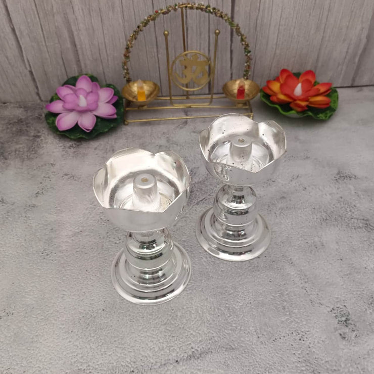 onesilver.in german silver Vathi Floral Deepa Pair 4.5" inches Vathi Floral Deepa Pair 4.5" inches