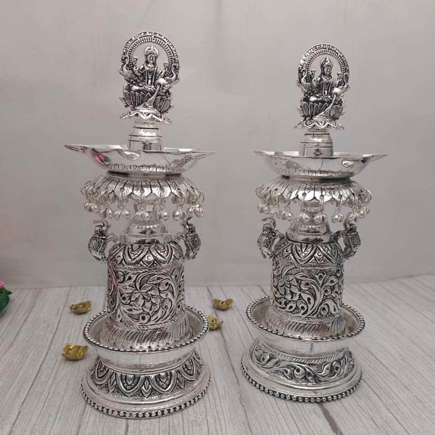 onesilver.in idols Antique Lakshmi Sthamb Diya Pair