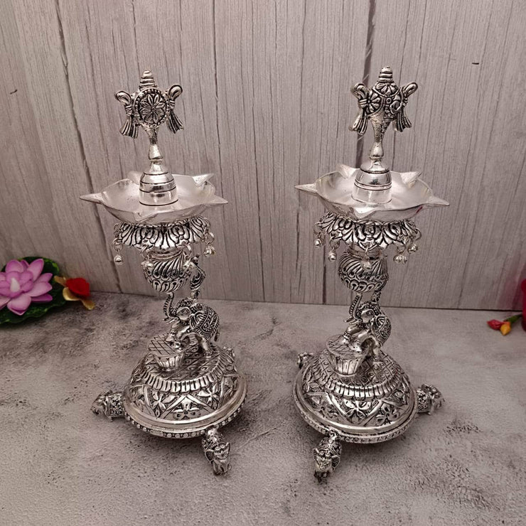 onesilver.in idols Antique Shanku Chakra Diya Elephant Drum Pair Antique Shanku Chakra Diya Elephant Drum Pair