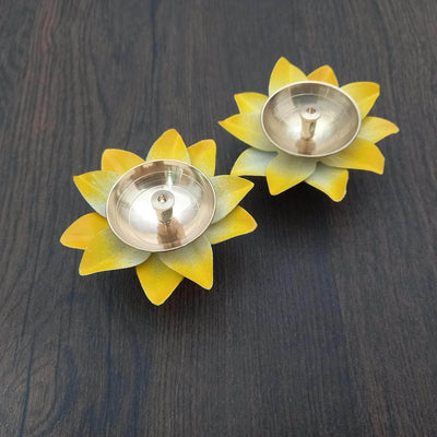 onesilver floral diya Twin Floral Metal Diya Set