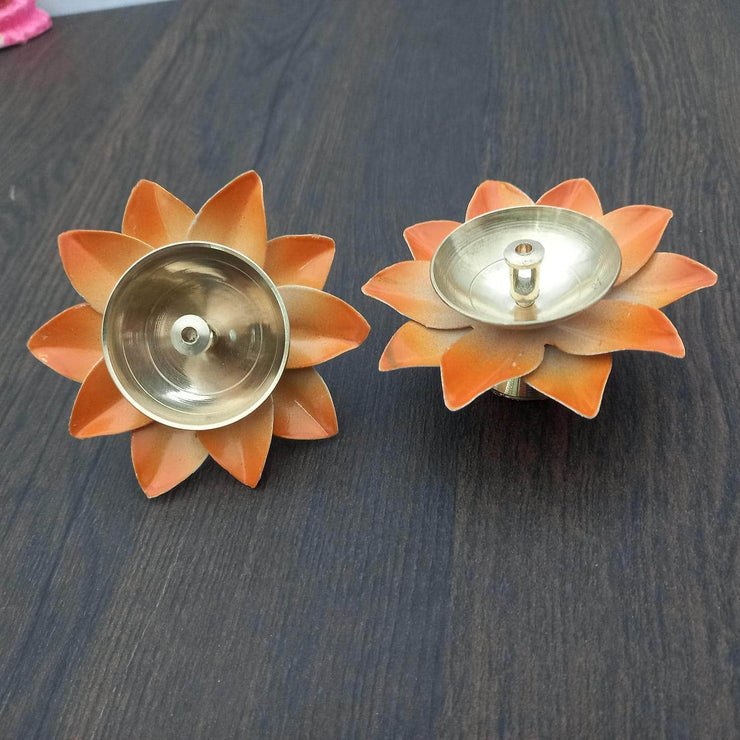 onesilver floral diya Twin Floral Metal Diya Set