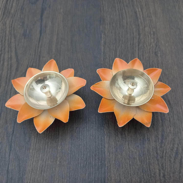 onesilver floral diya Twin Floral Metal Diya Set
