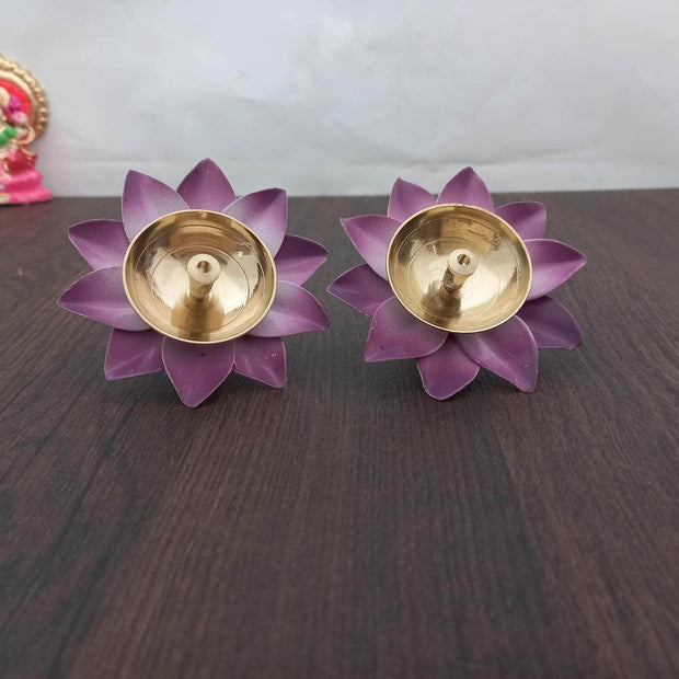 onesilver floral diya Twin Floral Metal Diya Set