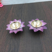 onesilver floral diya Twin Floral Metal Diya Set