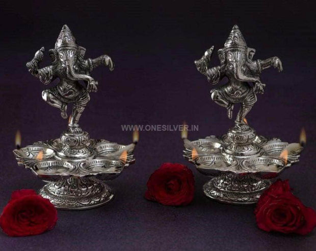 onesilver german silver Antique Nakashi Dancing Ganesh Deepa Pair