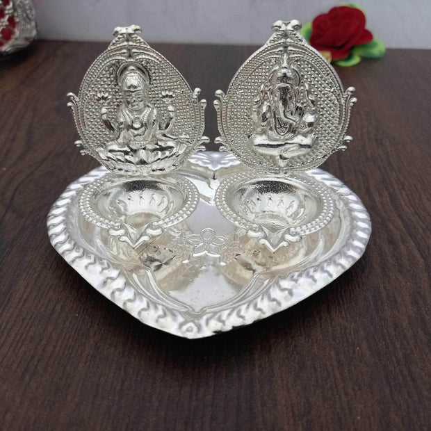 onesilver.in Silver Diya Lakshmi Ganesha Heart Diya