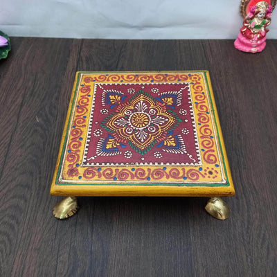 onesilver.in wooden peetha 6x6" / Yellow Square Designer Chowki Multi Sizes